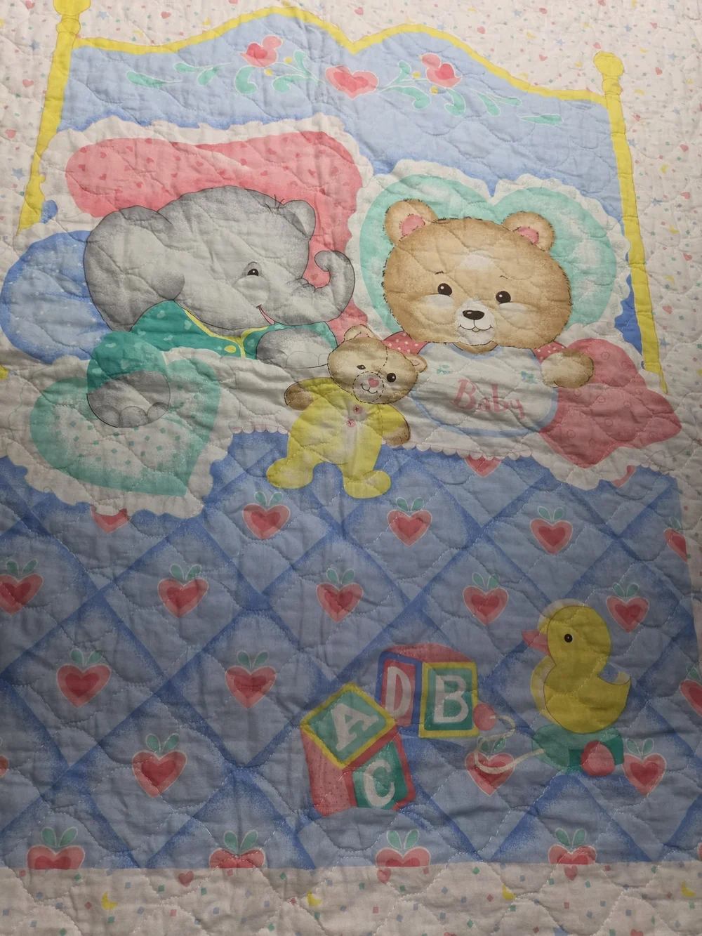 Baby Blanket Quilted Teddy Bear Elephant On Bed Sateen Edge Trim 34x42 Y2k Vtg